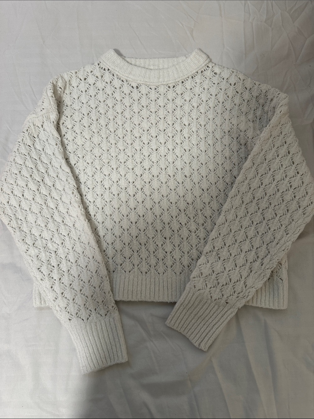 Women's White/Cream Openwork Crewneck Sweater